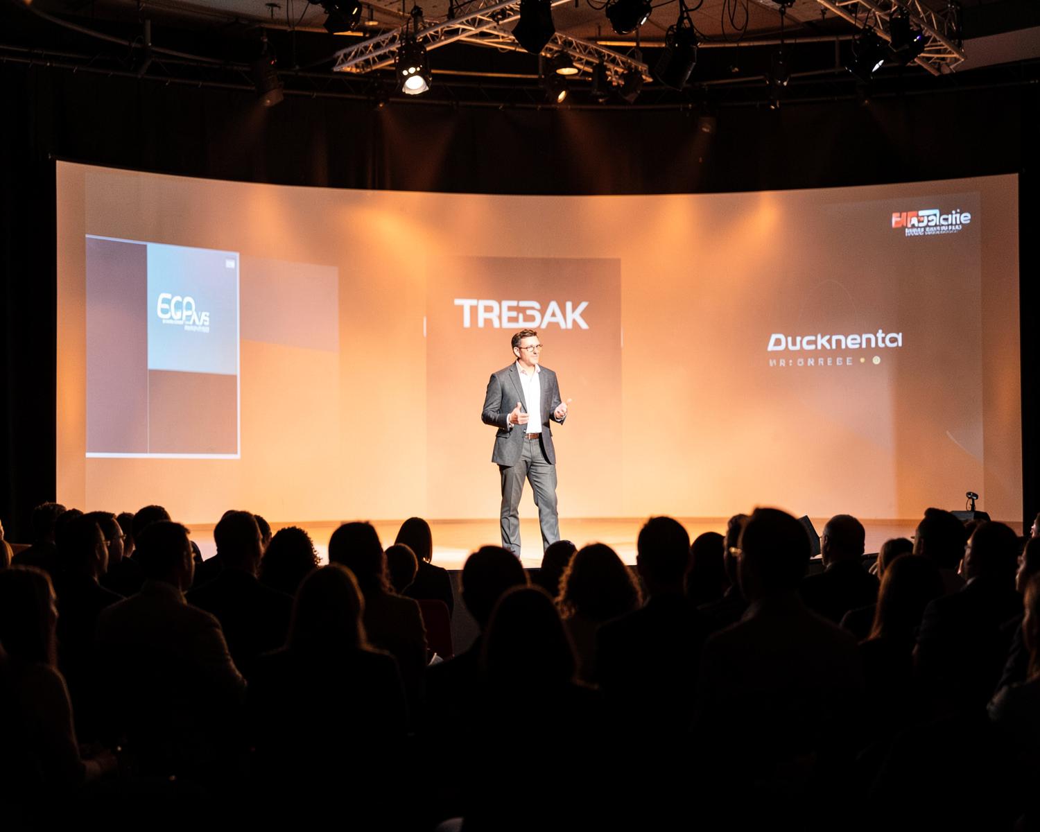 Speaker on stage at a corporate event