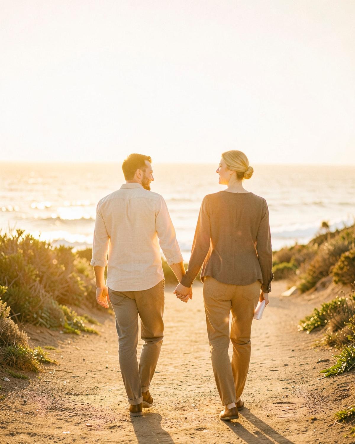Engaged couple walking along the coast