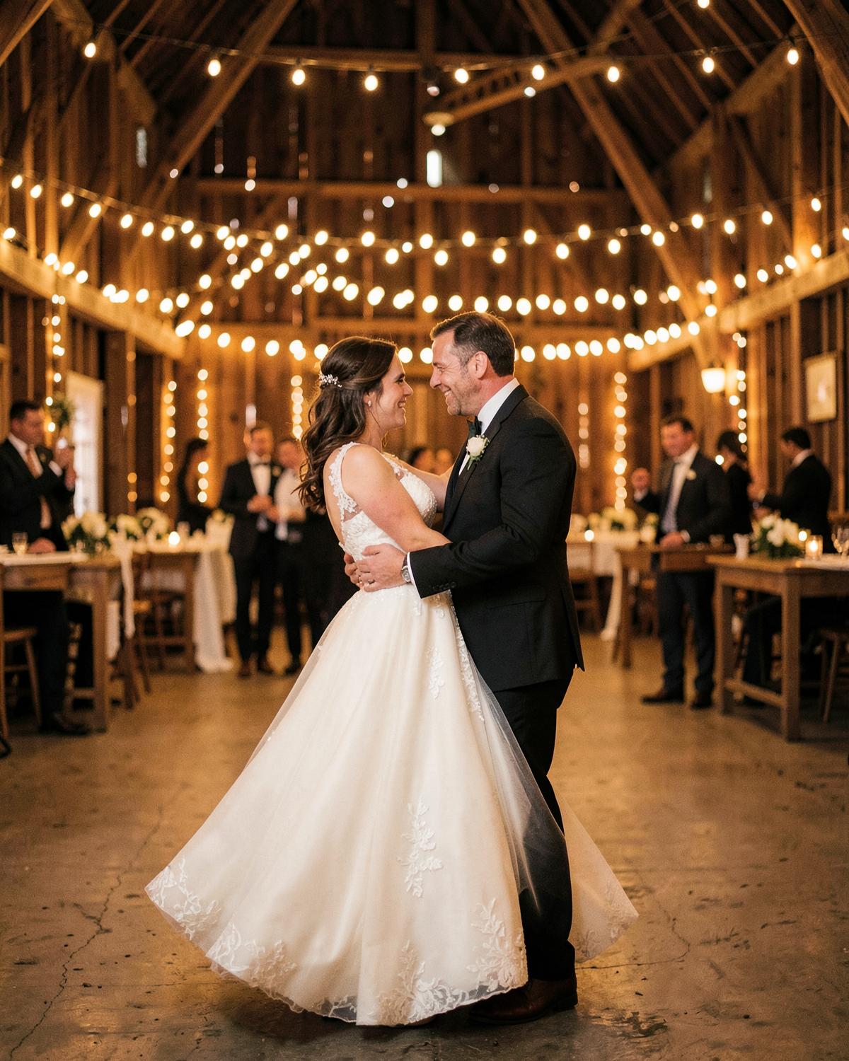First dance in a barn lit by fairy lights