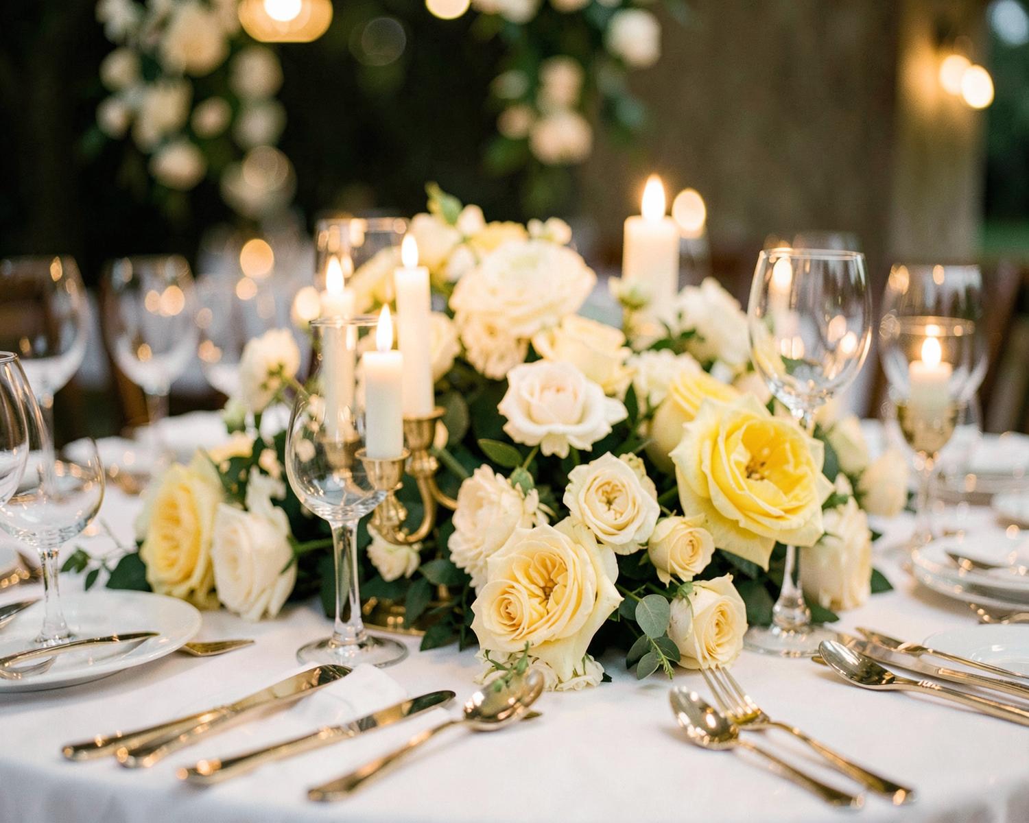 Wedding table with yellow roses and candles