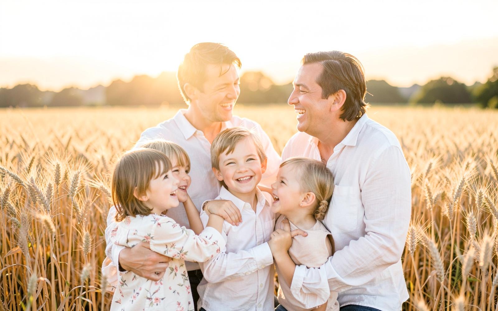 Family laughing together in a wheat field at sunset