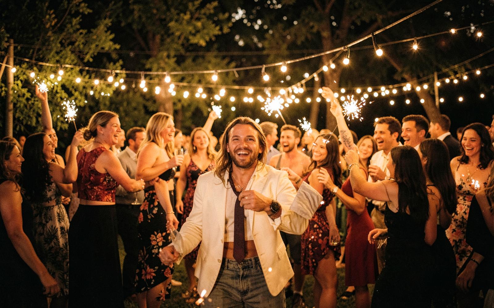 Guests dancing under string lights with sparklers